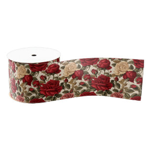 Ruban Gros-grain Roses rouges et blanches - Motif floral chic