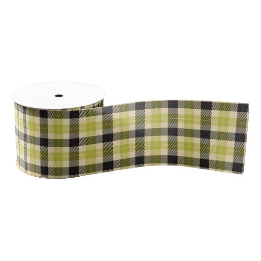 Ruban Gros-grain Ruban plaqué vert olive et noir Tartan (Bobine)