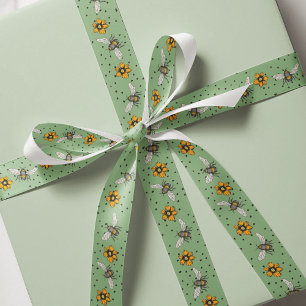Ruban Gros-grain Sage Green Buzzing Bees & Cosmos Fleur Blooms