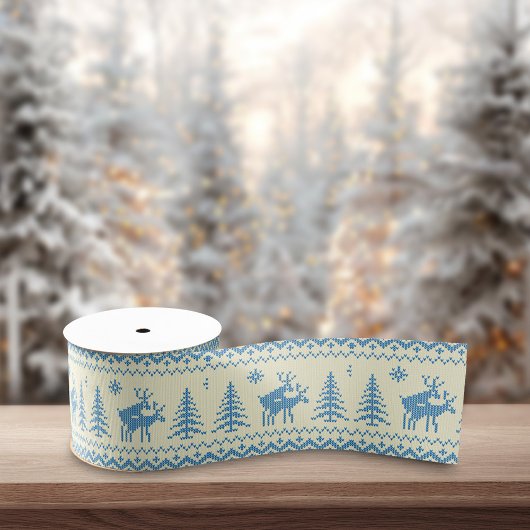 Ruban Gros-grain Sapin de Noël Renne Drôle Neige Bleu Motif