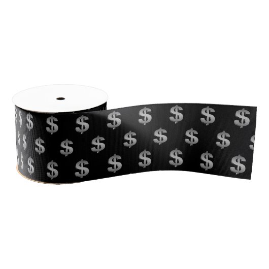 Ruban Gros-grain Silver Dollar Signs On Black (Bobine)