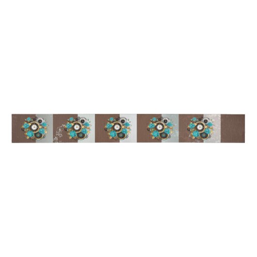 Ruban Gros-grain Steampunk Clock and Turquoise Roses on Striped (Devant)