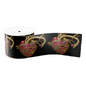Ruban Gros-grain Steampunk Coeur Anatomique rubis et engrenages (Bobine)