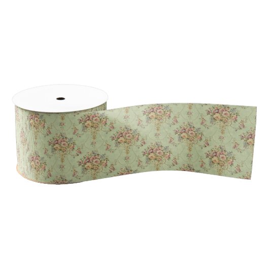 Ruban Gros-grain Style Victorien Vert Sage Français Rococo Floral (Bobine)