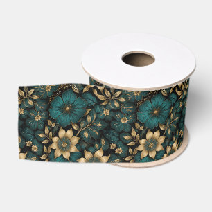 Ruban Gros-grain Tapisserie vintage style floral sarcelle foncée et
