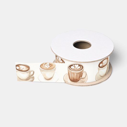 Ruban Gros-grain Tasses café marron crème (Bobine)