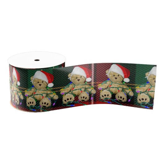 Ruban Gros-grain Teddy Bears Tangled In Christmas Lights On Plaid (Bobine)