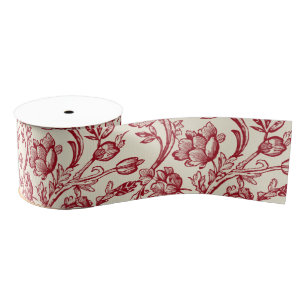 Ruban Gros-grain Toile de tulipes rouge et crème - Décor champêtre 