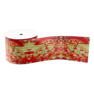 Ruban Gros-grain Traditional Japanese Kimono Gold Red Floral