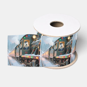 Ruban Gros-grain Train de Noël vintage avec ours polaire agitant