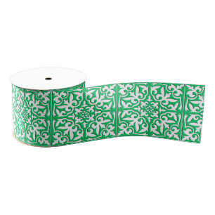 Ruban Gros-grain Tuiles marocaines - Jade vert et blanc