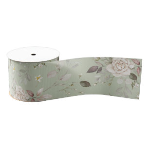 Ruban Gros-grain Vert sauge Rose florale vintage