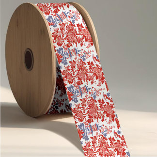 Ruban Gros-grain Vintage Chinoiserie Delft Français rouge bleu mono