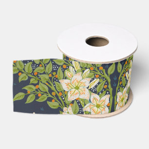 Ruban Gros-grain Walter Crane Vintage Navy motif Lily blanc