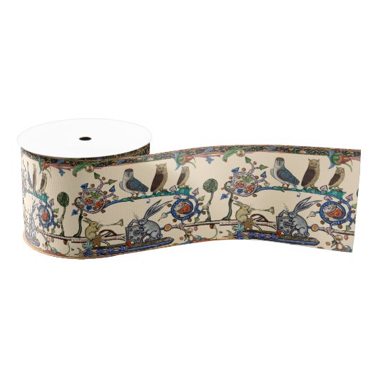 Ruban Gros-grain WEIRD MEDIEVAL BESTIARY MAKING MUSIC Owls ,Rabbits (Bobine)