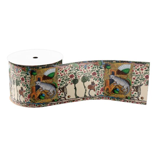 RUBAN GROS-GRAIN WEIRD MEDIEVAL BESTIARY, MUSIC,CAT PLAYING ORGAN (Bobine)