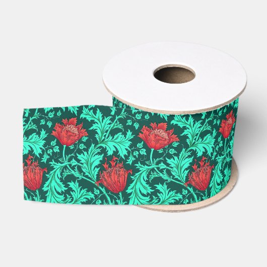 Ruban Gros-grain William Morris Anemone, Deep Red et Turquoise (Bobine)