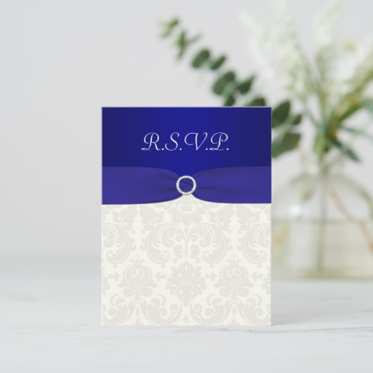 RUBAN IMPRIMÉ Carte de réponse en damas bleu et iv (Debout devant)