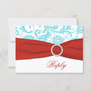 RUBAN IMPRIMÉ Carte RSVP en damassé Aqua, Blanc, R