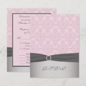 RUBAN IMPRIMÉ Carte RSVP grise, rose damassé (Devant / Derrière)
