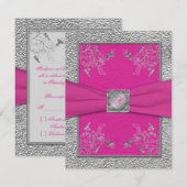 Ruban imprimé rose framboise, carte RSVP en métal  (Devant / Derrière)