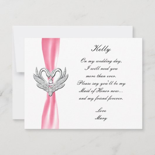 Ruban rose cygnes argent carte de demoiselle d'hon (Devant)