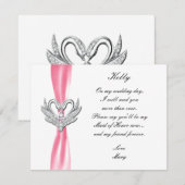 Ruban rose cygnes argent carte de demoiselle d'hon (Devant / Derrière)