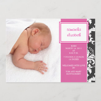 Ruban rose et Faire-part de naissance Damas