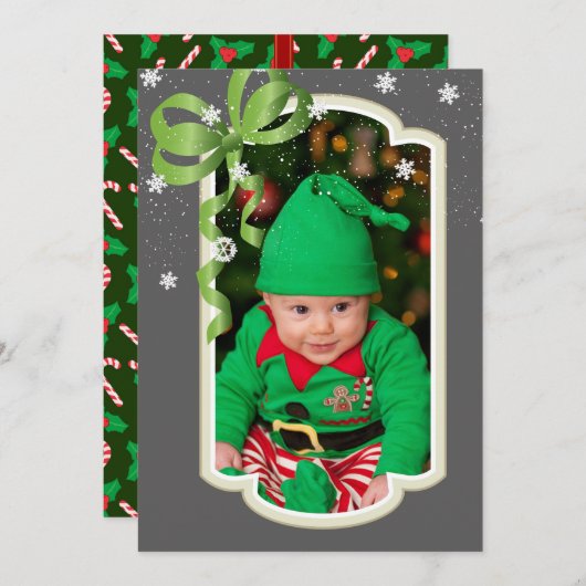 Ruban vert, carte de Noël photo recto verso (Devant / Derrière)