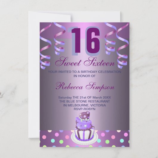 Rubans Violets & Gâteau Invitation Anniversaire Sw (Devant)