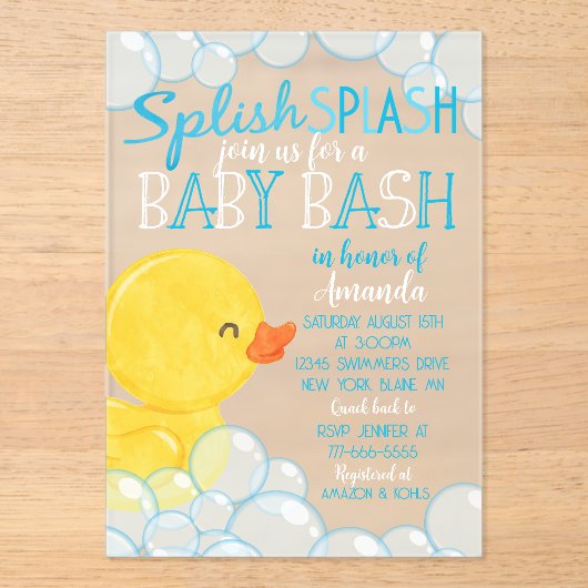Rubber Duck Baby shower Frosted Acryl Uitnodiging Acryl Uitnodigingen (Voorkant)