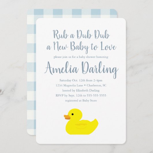 Rubber Duck Baby shower Gingham Check Uitnodiging (Voorkant / Achterkant)