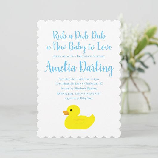 Rubber Duck Baby shower Scallop Edge-uitnodiging Kaart (Staand voorkant)