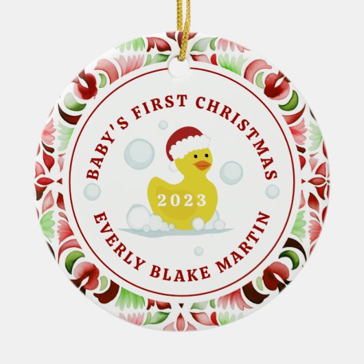 Rubber Duck Baby's eerste kerstfoto Keramisch Ornament (Voorkant)