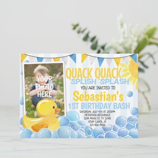 Rubber Duck Birthday Party Invitation Invite Kaart (Staand voorkant)