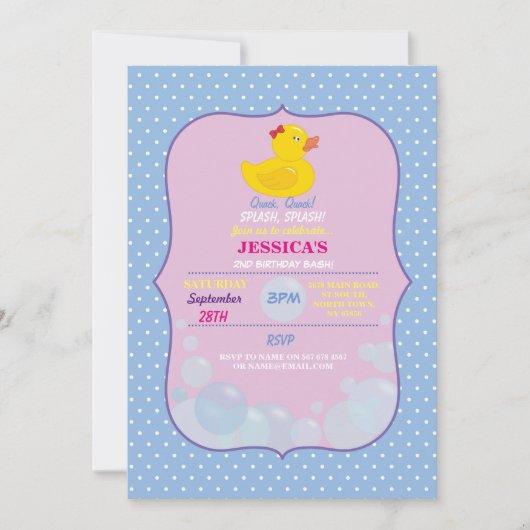 Rubber Duck Ducky Bubble Birthday Party Invite Kaart (Voorkant)
