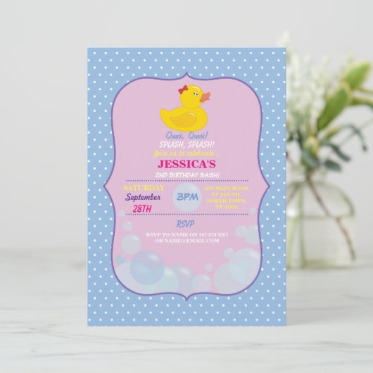 Rubber Duck Ducky Bubble Birthday Party Invite Kaart (Staand voorkant)