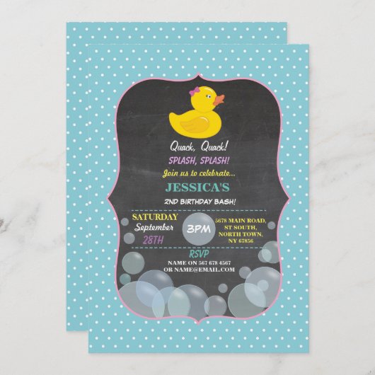 Rubber Duck Ducky Bubble Birthday Party Invite Kaart (Voorkant / Achterkant)