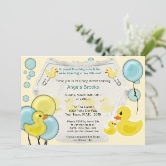 Rubber Duck Ducky Diaper Baby shower Uitnodiging (Staand voorkant)