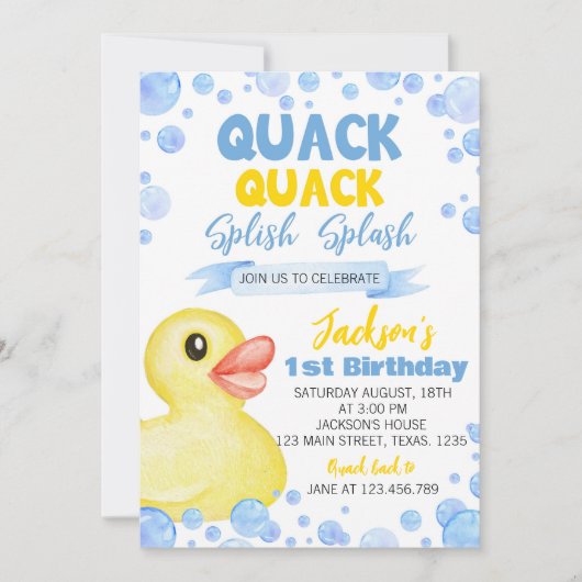 Rubber Duck Een 1e Verjaardag uitnodiging (Voorkant)