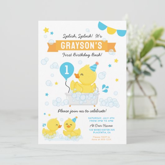 Rubber Duck Eerste verjaardag Blauwe Geel Kaart (Staand voorkant)
