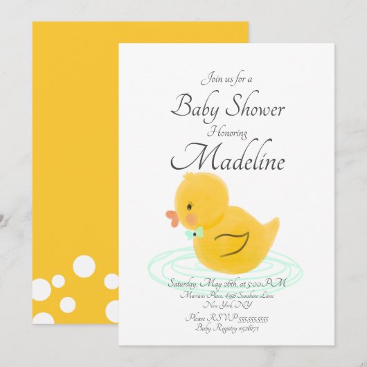 Rubber Duck Hand Drawn Baby shower Invitation Kaart (Voorkant / Achterkant)
