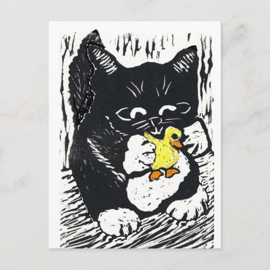 Rubber Duck & Kitten, blokdruk Briefkaart (Voorkant)