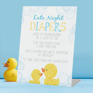 Rubber Duck Late Night Diapers Advice Baby shower Reclamebord Met Voetstuk