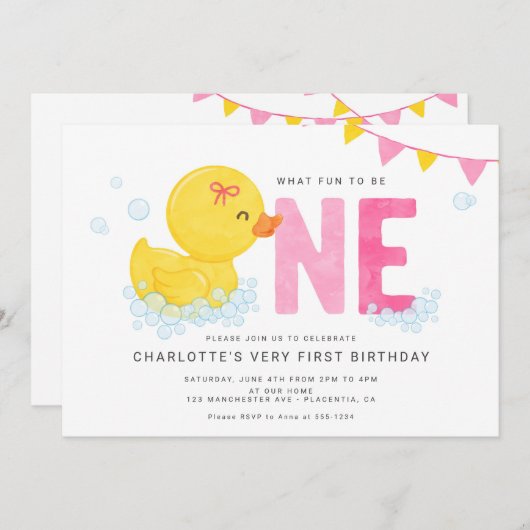 Rubber Duck Meisje Eerste Verjaardagsfeestje Roze Kaart (Voorkant / Achterkant)