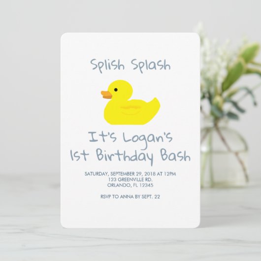 Rubber Duck Stripe First Birthday Party Invitation (Debout devant)