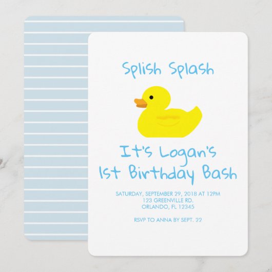 Rubber Duck Stripe First Birthday Party Invitation Kaart (Voorkant / Achterkant)