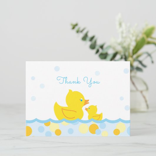 Rubber Ducky Baby shower Dank u blauw en geel Bedankkaart (Staand voorkant)