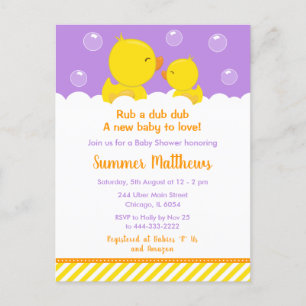 Rubber Ducky Baby shower Geel en Paars Briefkaart