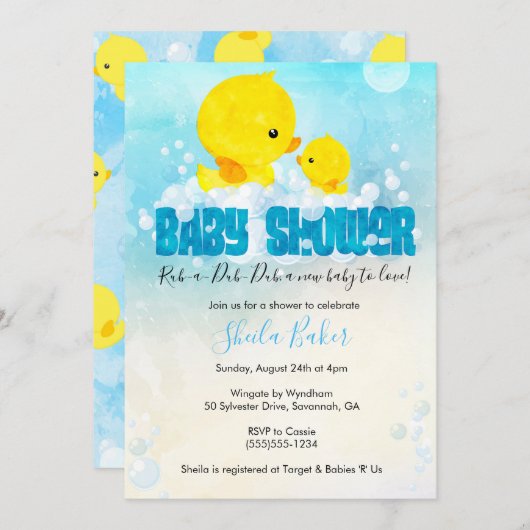 Rubber Ducky Baby shower Uitnodiging | Duckie Bath (Voorkant / Achterkant)